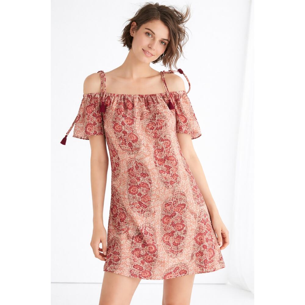 Madewell Silk Dress Medium Pink Red Paisley Off Shoulder Cold Shoulder Paisley - Picture 1 of 10
